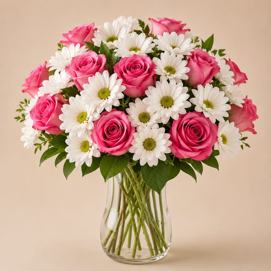 Pink roses and white daisies in a clear glass vase