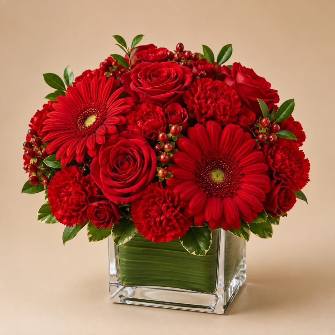 Red roses and gerbera daisies arranged in a clear square vase