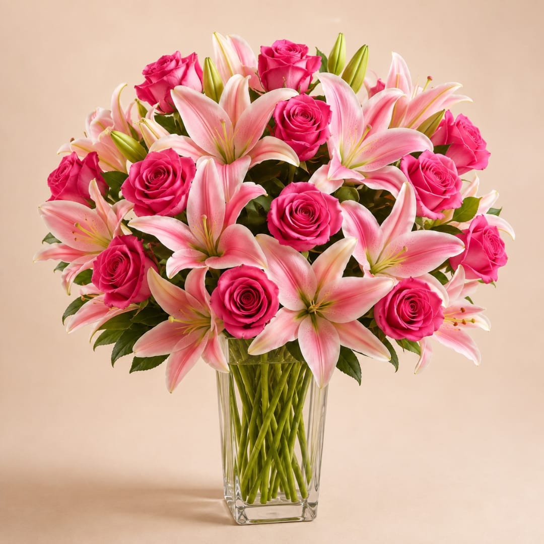 Pink roses and lilies arranged in a clear glass vase