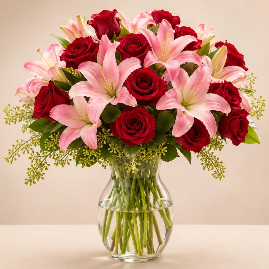Red roses and pink lilies arranged in a clear glass vase