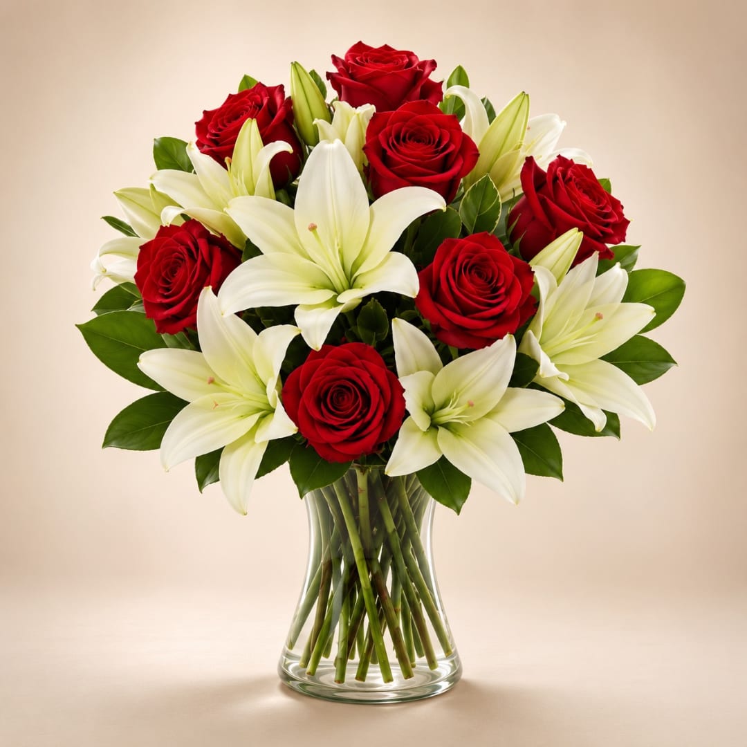 Red roses and white lilies arranged in a clear glass vase