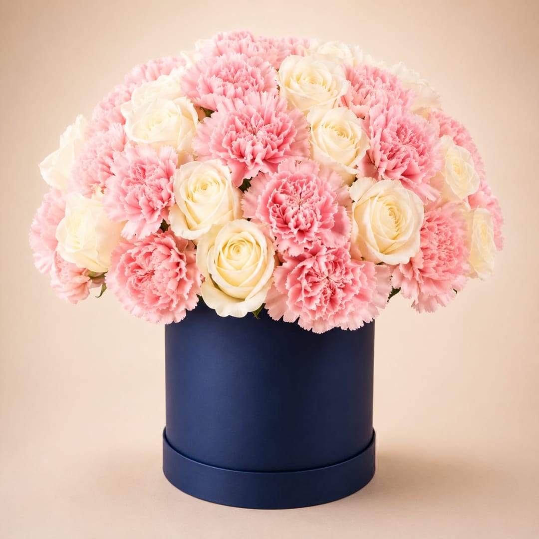 Pink carnations and cream roses arranged in a navy hat box
