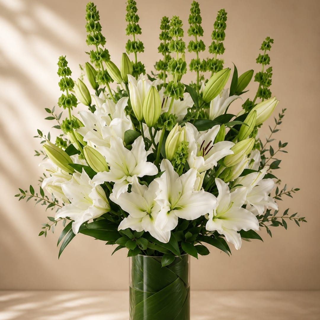 White lilies and green spikes arranged in a clear glass vase