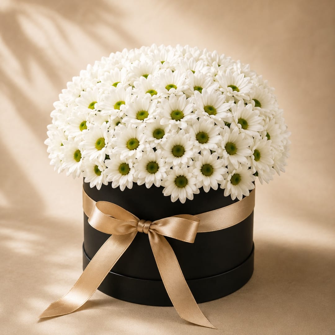 White daisy bouquet in a black round box with a gold ribbon