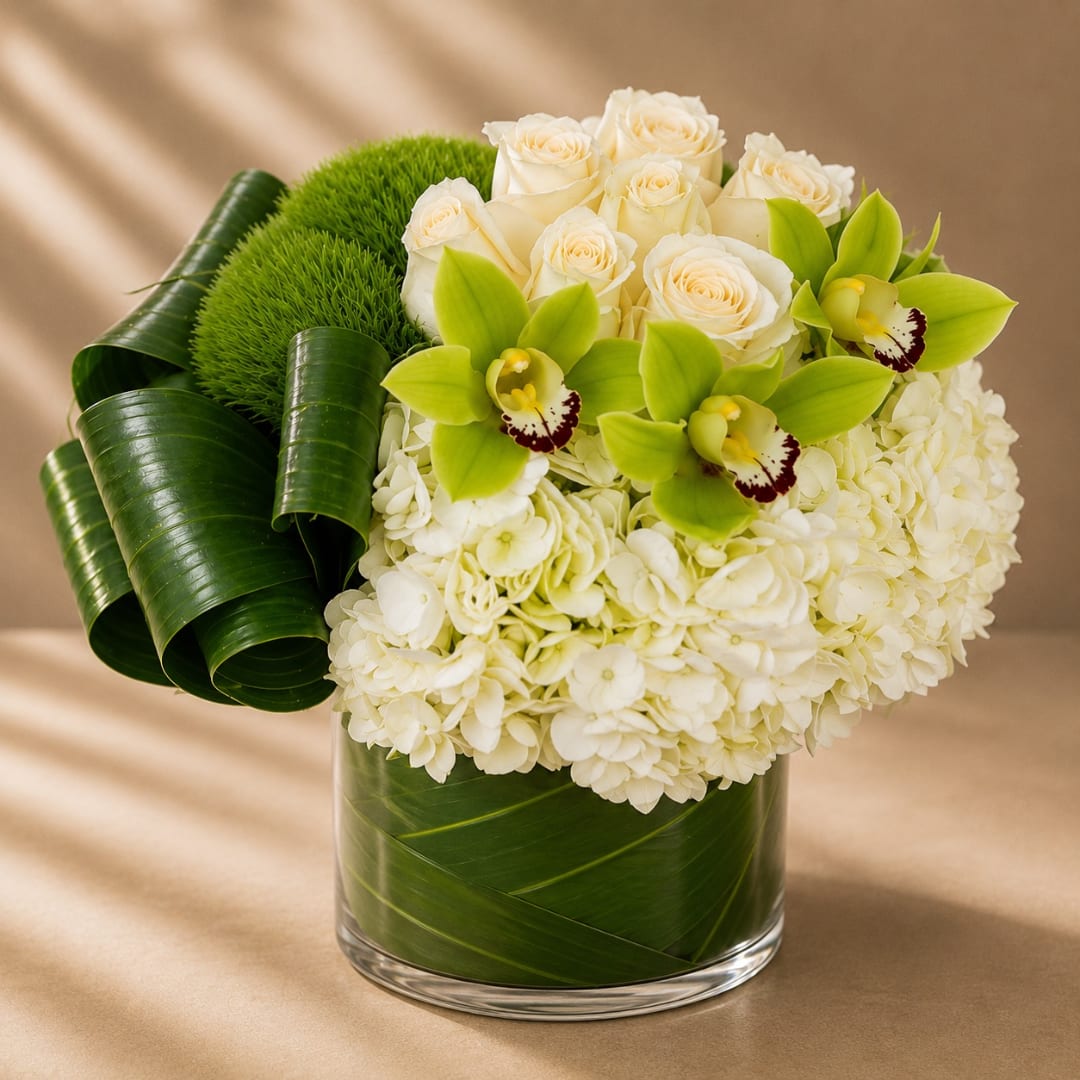 White roses and green orchids in a glass vase with white hydrangeas