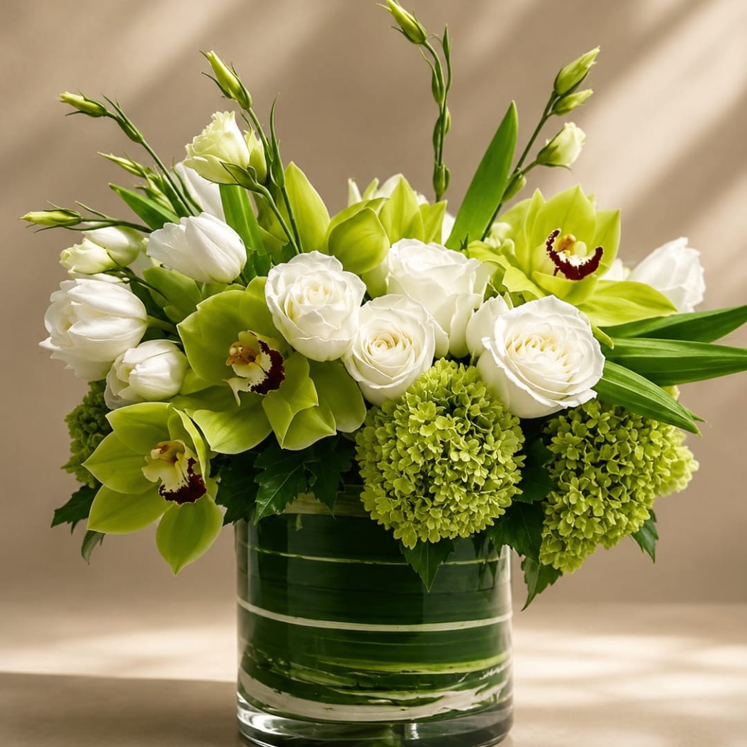 White roses and green orchids in a glass vase with green hydrangeas