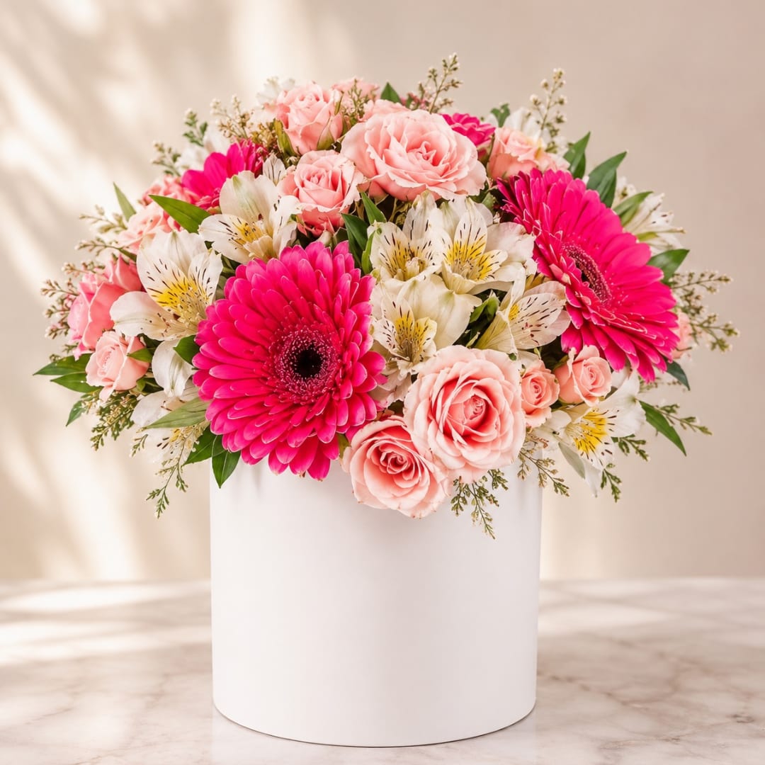 Pink roses and gerbera daisies in a white cylindrical box