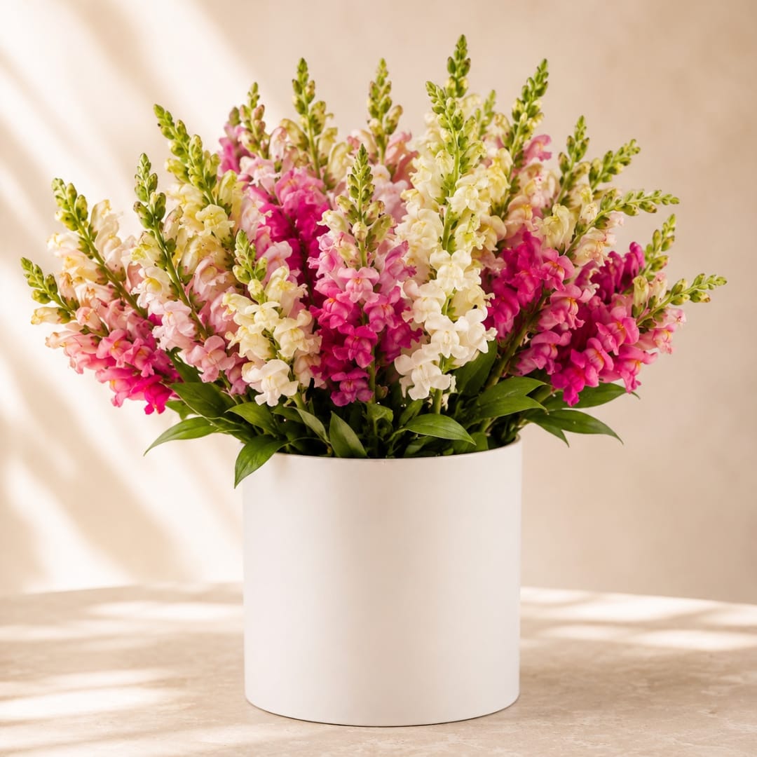 Pink, white, and cream snapdragons in a white cylindrical vase