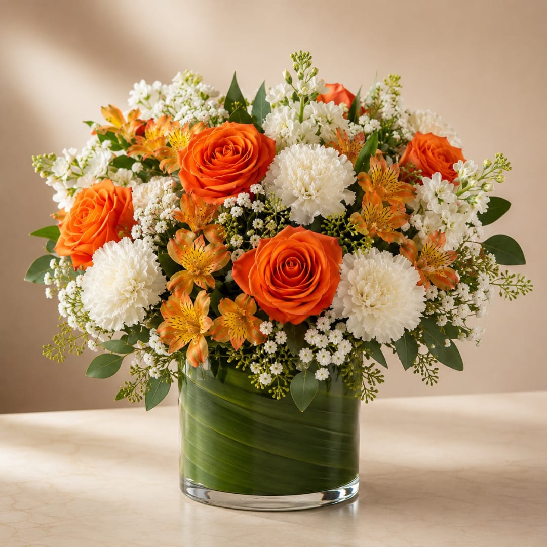 Orange roses and white carnations in a glass vase