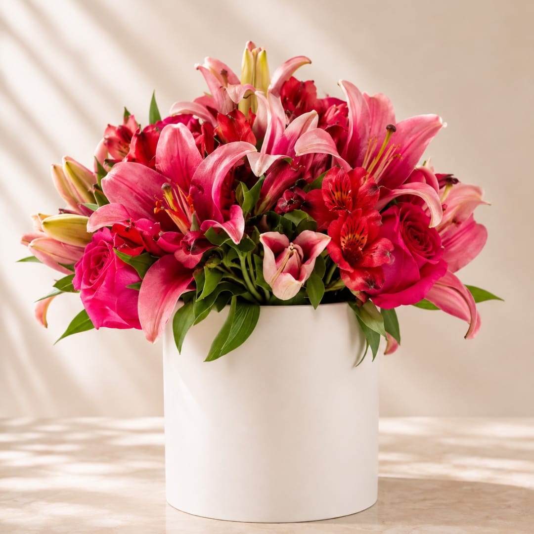 Pink lilies and roses arranged in a white cylindrical box