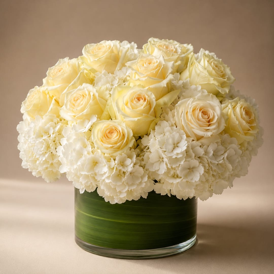 Cream roses and white hydrangeas in a green glass vase