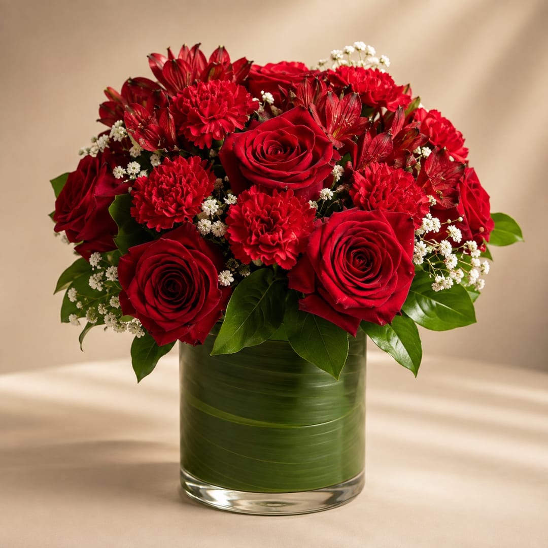 Red roses and carnations arranged in a glass vase