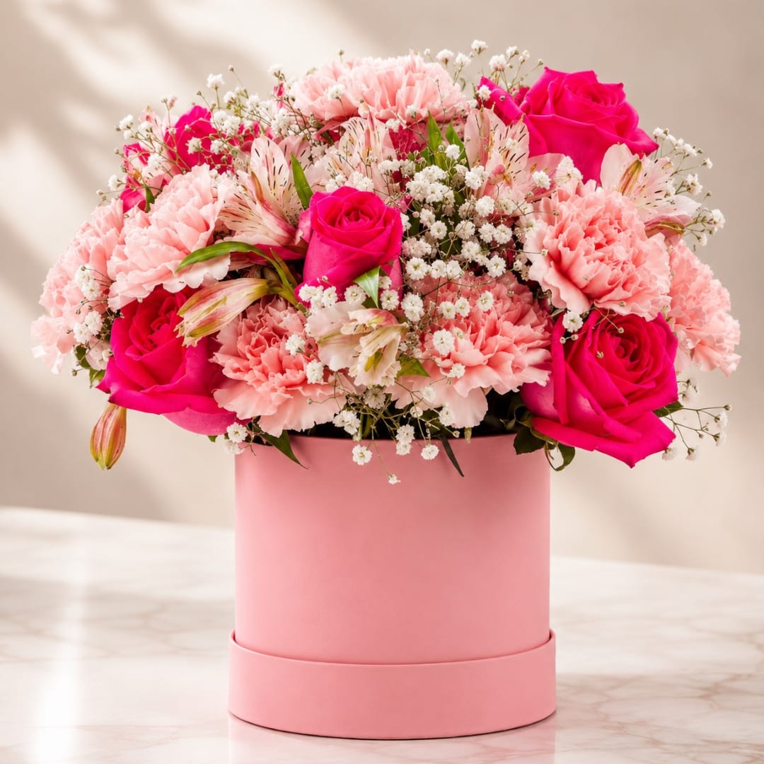 Pink roses and carnations in a round pink box