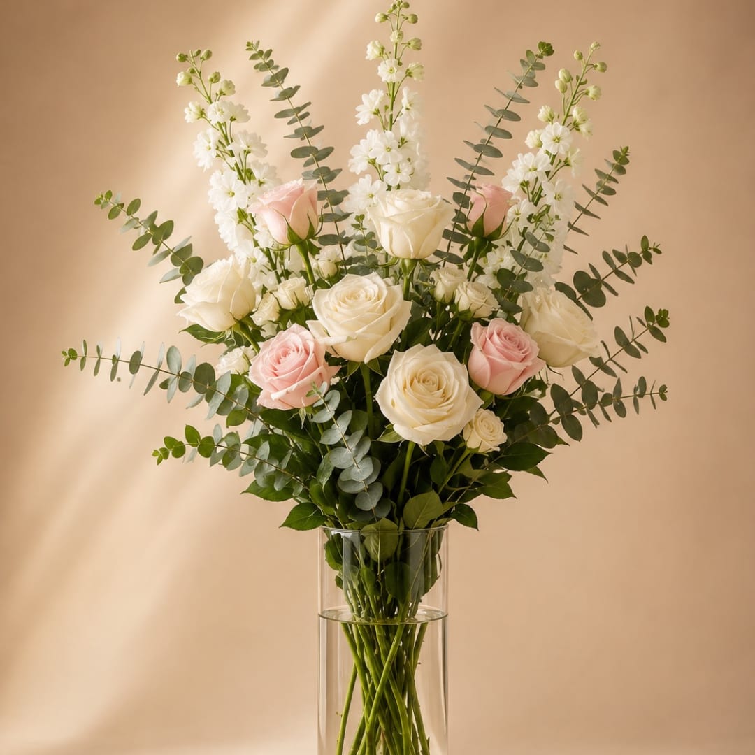 Bouquet of white and blush roses in a clear glass vase