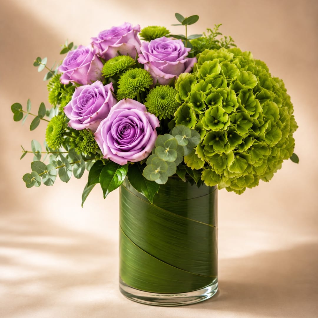 Lavender roses and green hydrangea in a glass vase