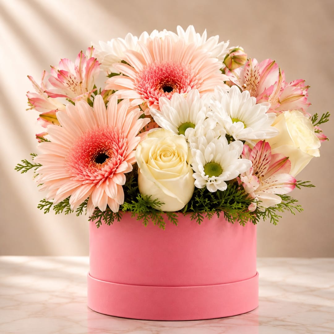 Pink and white mixed bouquet in a round pink box