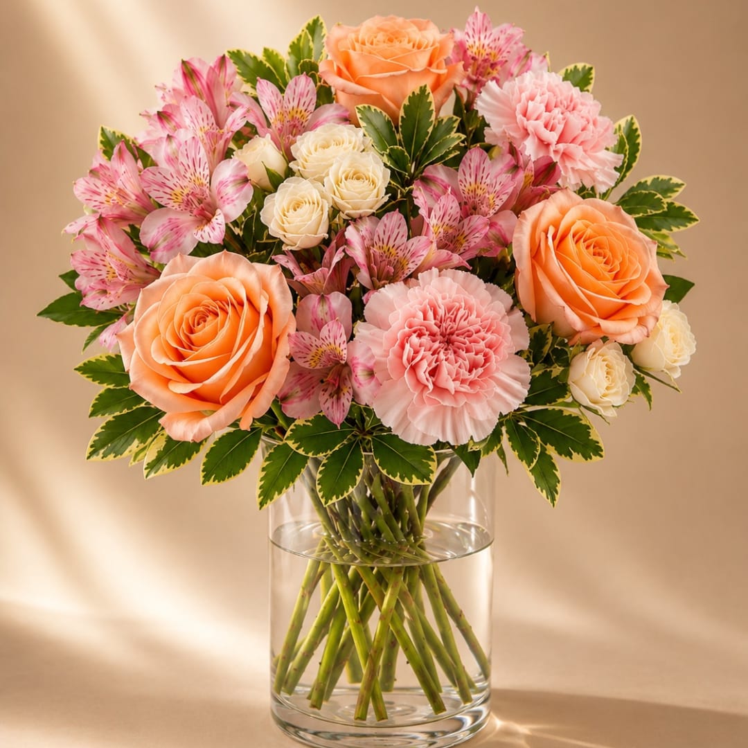 Bouquet of peach roses, pink carnations, and alstroemeria in a clear glass vase