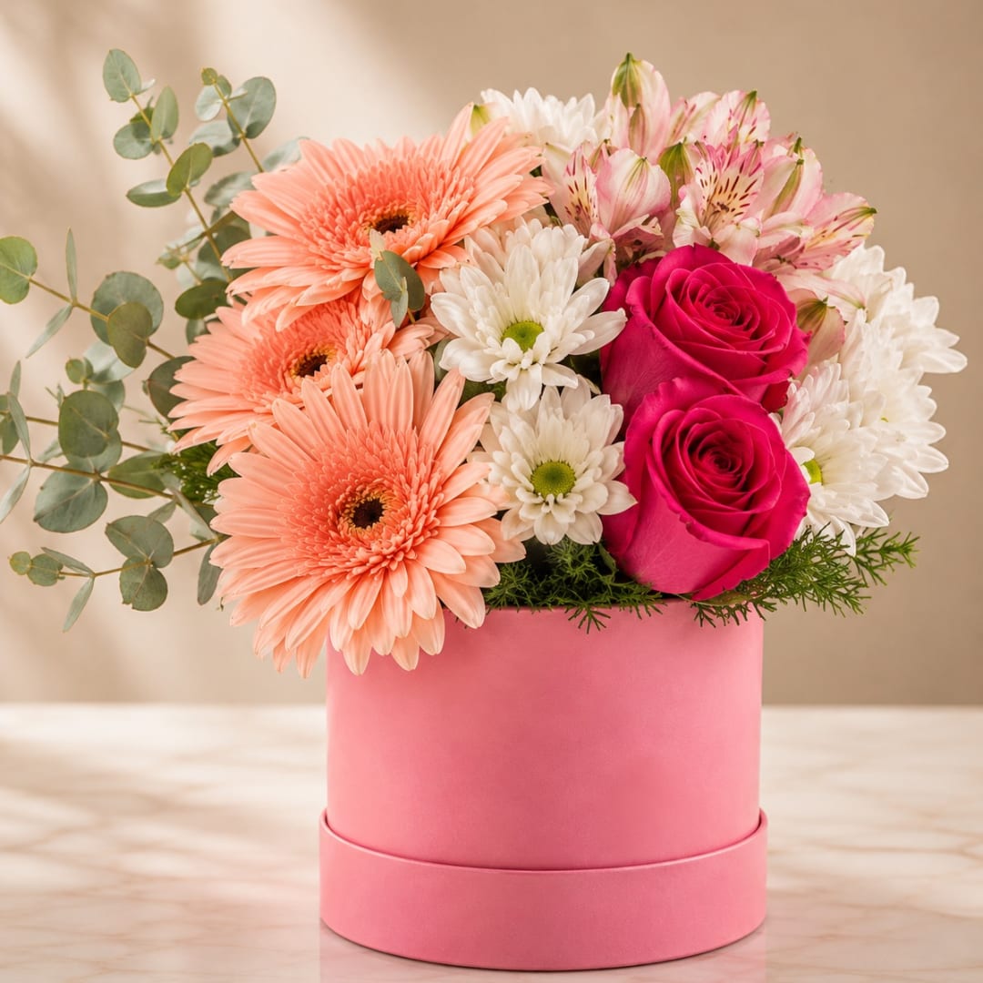 Pink and white mixed bouquet in a round pink box