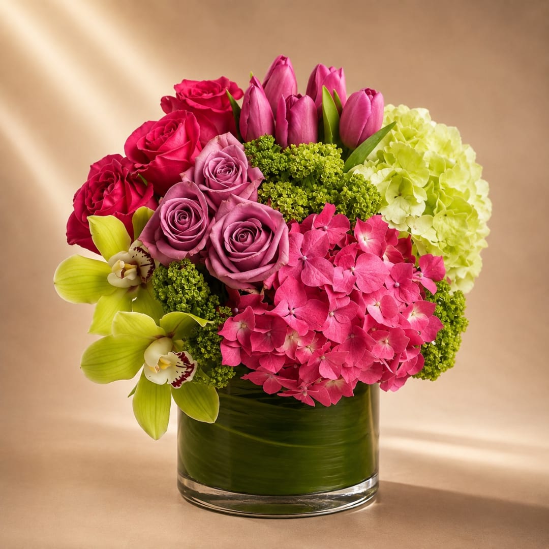 Pink roses, tulips, hydrangea, and orchids in a glass vase