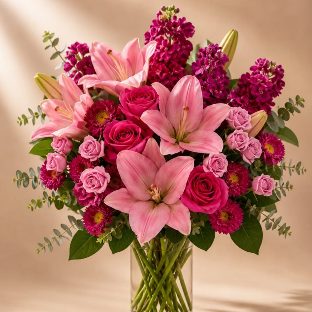 Pink lilies and roses arranged in a clear glass vase