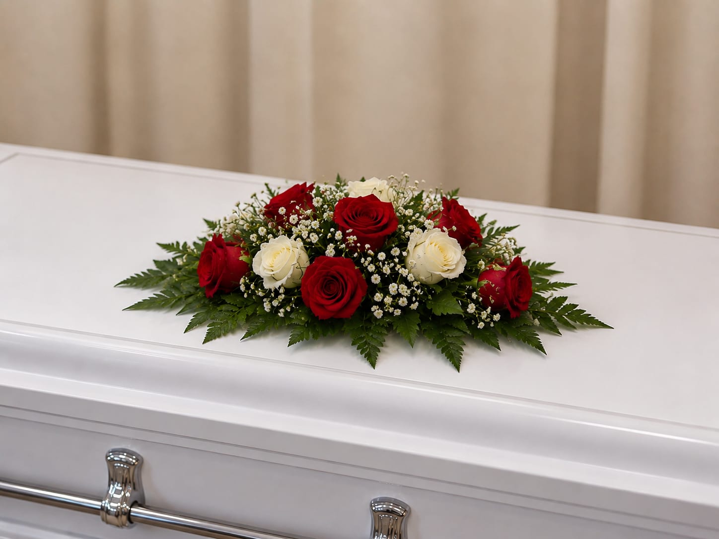 Small Rose Casket Spray - Deep red and ivory roses are arranged in a low, elongated casket spray designed to honor and remember - a respectful funeral or memorial flower arrangement meant to rest across a white casket. The dramatic contrast of red and white creates a classic, solemn look that helps the person you're remembering feel dignified and cherished in a meaningful way.  This small rose casket spray features clustered red and white roses accented with delicate white filler blooms and soft, fern-like greenery that frames the flowers and keeps the silhouette gentle and formal. The low, horizontal design follows the length of a casket for a neat, balanced presentation; colors and textures are chosen to read clearly from a distance while remaining tender up close.  Ideal for close family members or intimate services, this arrangement sends a clear message of love and respect when words feel small. Available in a size suited to smaller caskets or as a companion spray, budget friendly, and it arrives ready to place on the casket; please contact us for delivery timing and any personalization requests.