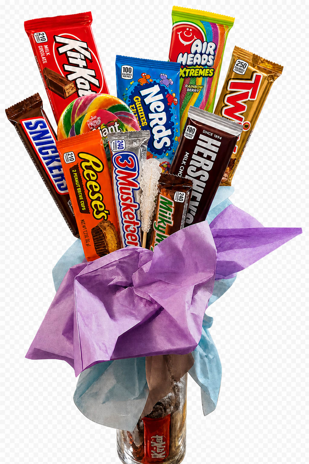 Mixed Chocolate/Candy Bouquet - A playful mixed chocolate and candy bouquet that doubles as a joyful floral arrangement-perfect as a birthday bouquet, congratulations gift, or a cheerful pick-me-up for someone who loves sweets. The recipient will feel delight the moment they see the colorful mix of fresh blooms paired with an upright display of assorted candy bars and lollipops, a combination that reads celebratory, fun, and thoughtfully personalized.  Choose this mixed chocolate/candy bouquet when you want the person you're thinking of to feel seen, celebrated, and indulged-ideal for birthdays, anniversaries, Mother's Day, or a cheerful thank-you. Vases and wrapping may vary by design; stems are arranged to look full and garden-fresh, and simple care-fresh water and a cool spot-will help the flowers stay vibrant while the candy stays ready to enjoy.