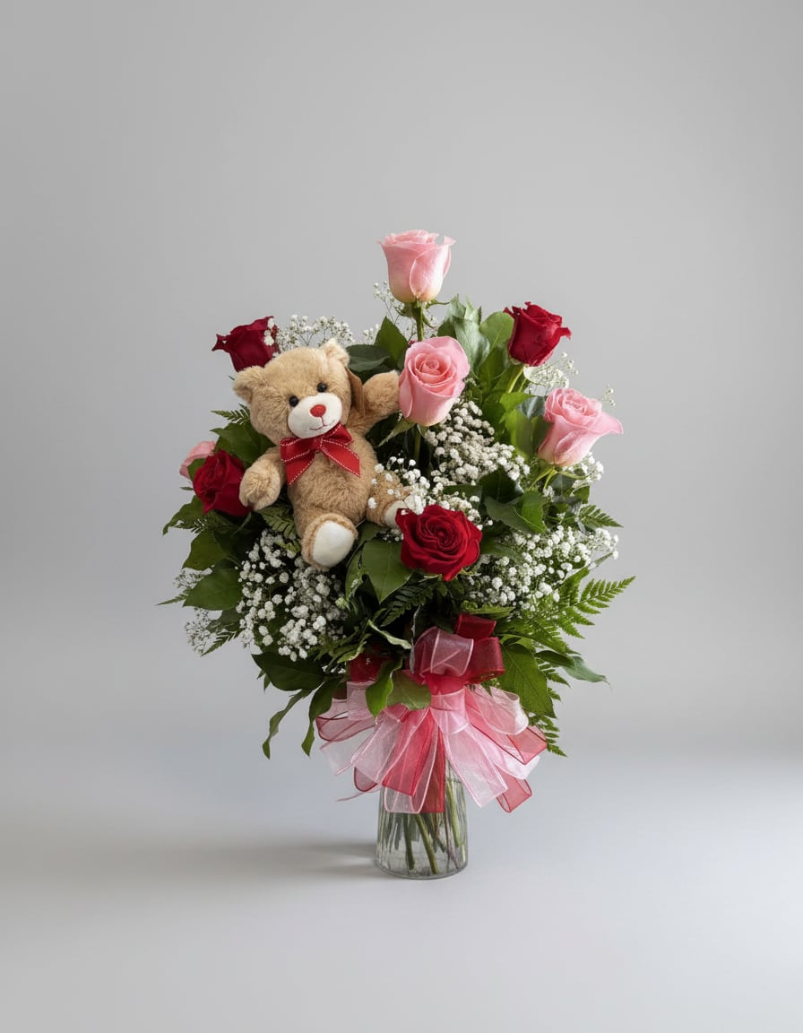 Bouquet of pink and red roses with a teddy bear in a glass vase