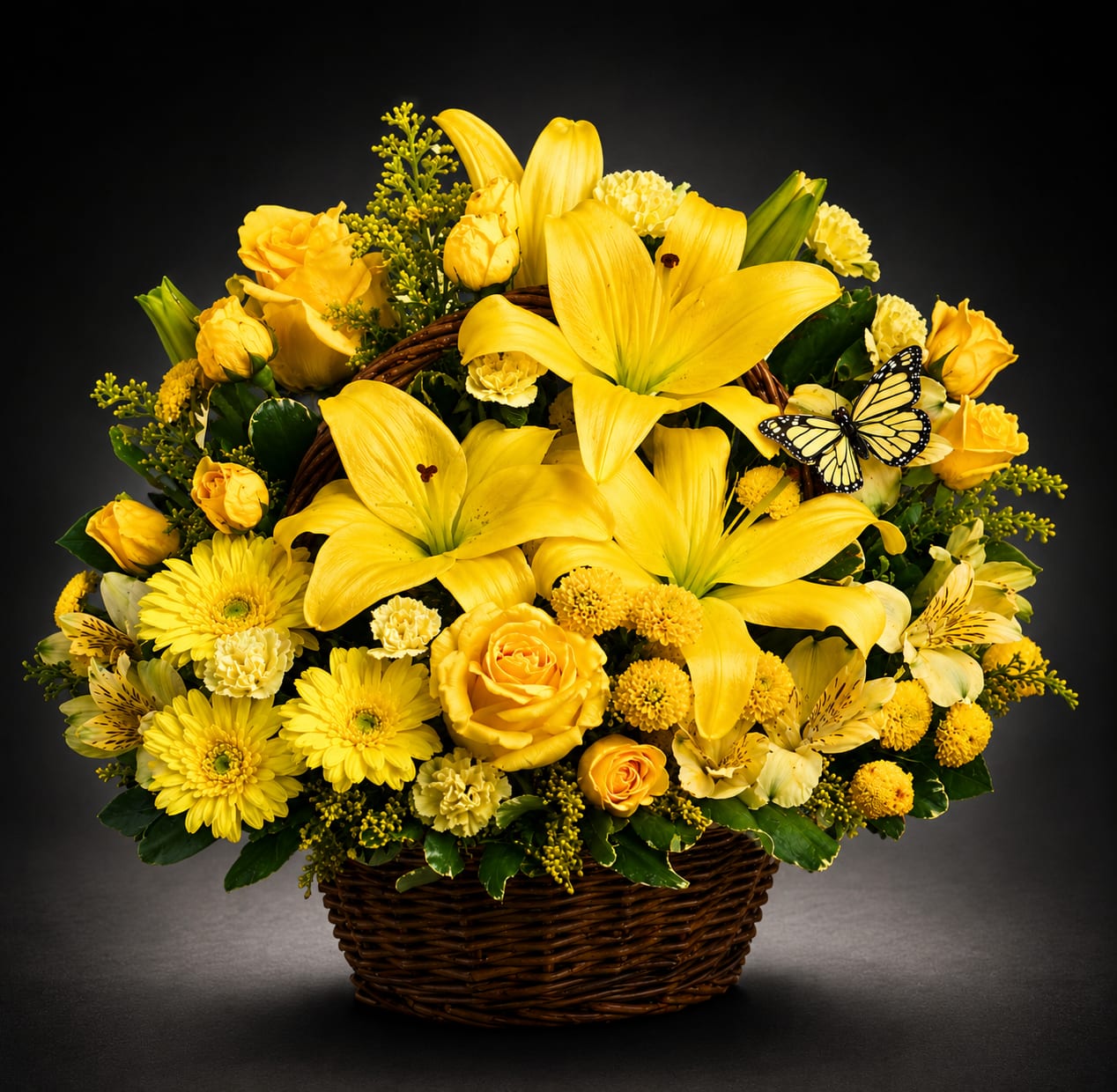 Sweet Harmony - A lush, rounded basket overflowing with lilies, roses, gerbera daisies, chrysanthemums, alstroemeria and carnations-Sweet Harmony makes an immediate sunny, romantic, or serene impression depending on the color you choose. As a birthday bouquet, thank-you gift, anniversary roses alternative, or a thoughtful sympathy arrangement, this wicker-basket design is meant to make the person you're thinking of feel celebrated, comforted, or truly seen.  Each version is densely layered for an abundant, full look: choose bright yellow mixes for a cheerful, uplifting display with glossy green foliage and daisy-like blooms; soft pink combinations for a feminine, romantic presentation; or all-white styling for a calm, elegant tribute softened by touches of green. A dark wicker basket anchors the composition and a small decorative butterfly pick adds a playful, whimsical accent to the arrangement's texture and visual movement.  Perfect for gifting across occasions-birthdays, thank-yous, spring celebrations, anniversaries, or memorial moments-Sweet Harmony arrives ready to display in its basket. The tight, rounded shape keeps stems supported and the dense filler flowers help prolong visual fullness; simple fresh-water care will keep blooms looking their best for days, and our team prepares each arrangement with attention so it arrives full and picture-ready.