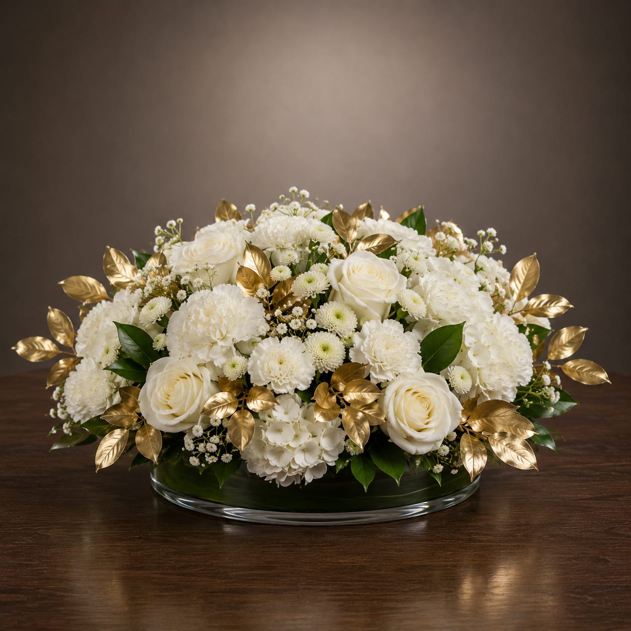 Golden Garden - A low oval wedding centerpiece that reads as timeless elegance-Golden Garden is made for wedding tables and formal celebrations where subtle luxury matters. The white roses and carnations form a dense, rounded silhouette accented by small daisy-like chrysanthemums, while metallic gold decorative leaves catch candlelight to give the arrangement a luminous, celebratory edge.  Arranged in a clear glass oval vase, the bouquet sits low so guests can converse across the table while the composition remains a focal point. Deep green foliage provides contrast and depth against the white blooms, creating a refined palette that complements mixed-color schemes. Ideal for bridal receptions, rehearsal dinners, or anniversary events, the Golden Garden brings a classic, polished look that makes the person you're honoring feel truly celebrated. Care: keep water fresh and display away from direct heat to preserve bloom life.