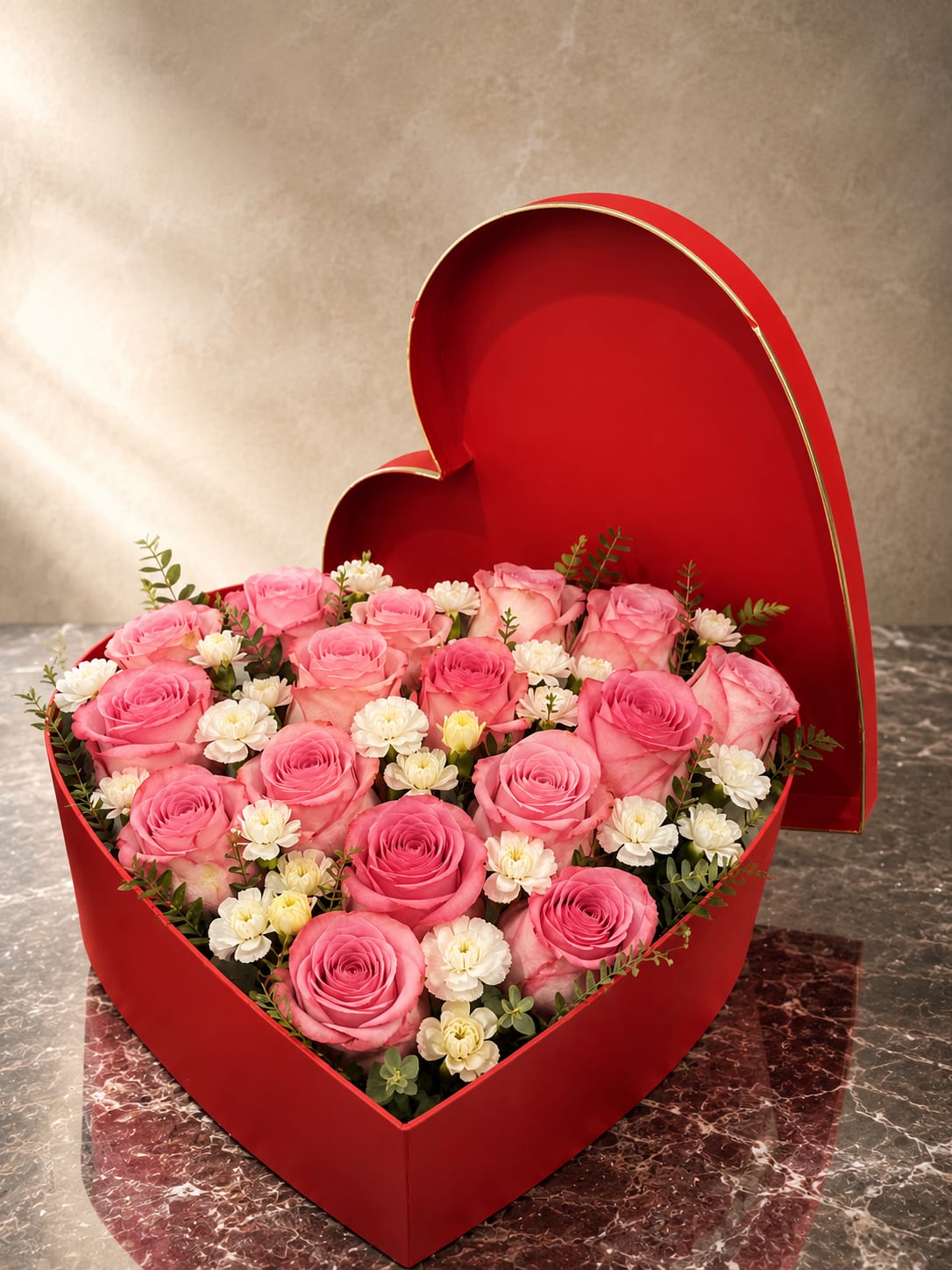 Tender Love - A lush cluster of pink roses and white daisy-like blooms arranged in a bright red heart-shaped gift box - this flower arrangement is a romantic birthday bouquet or anniversary roses gift that immediately reads as Tender Love for the person you're thinking of. The layered shades of pink, from soft blush to deeper rose, and the crisp white daisies create a gentle, affectionate palette that will make her feel cherished and celebrated, perfect for Valentine's Day or any intimate occasion.  This compact, overflowing composition sits snugly in a vivid red heart container that doubles as a keepsake box, reinforcing the love-themed presentation. The arrangement blends velvety rose petals with the light, cheerful texture of small white daisies and fresh green accents for contrast; its dense design gives a full, luxurious look without taking up a lot of space.  Choose this arrangement to say "I'm thinking of you" on anniversaries, Valentine's Day, or to surprise a loved one just because - it's the kind of bouquet that makes someone feel truly seen. The size is intentionally compact for easy display on a bedside table or desk; simply trim stems if needed when refreshing water and keep out of direct sunlight to prolong the blooms.