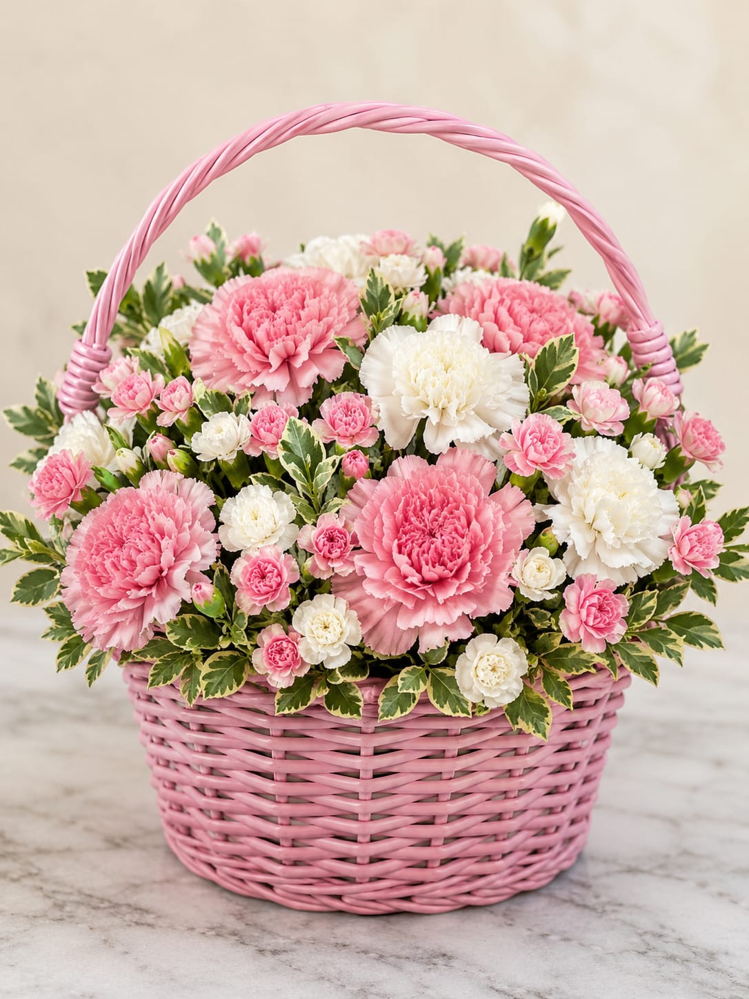 Sweet Enchantment - A joyful cluster of pink and white carnations arranged in a rounded pink wicker basket-the perfect birthday bouquet or spring celebration gift that feels both cheerful and tender. Sweet Enchantment is a flower arrangement designed to make the person you're thinking of feel genuinely seen: soft ruffled blooms, a pastel palette, and a curved handle give it an approachable, gift-ready charm ideal for Mother's Day, a new baby visit, or simply to say "I'm thinking of you."  The arrangement features large, ruffled pink and white carnations surrounded by smaller spray carnations for depth and texture, with variegated green foliage peeking through to add fresh contrast. All blooms are nestled in a compact, rounded pink wicker basket that measures to a hand-held, decorative size-easy to display on a table or shelf and instantly brightening a room.  For someone who delights in classic florals with a feminine touch, this piece sends a warm, affectionate message without fuss. Care is simple: keep the flowers in a cool spot away from direct sun and refresh the water as needed to prolong bloom life. Orders ship ready-to-gift in the basket so your recipient can enjoy the arrangement right away.