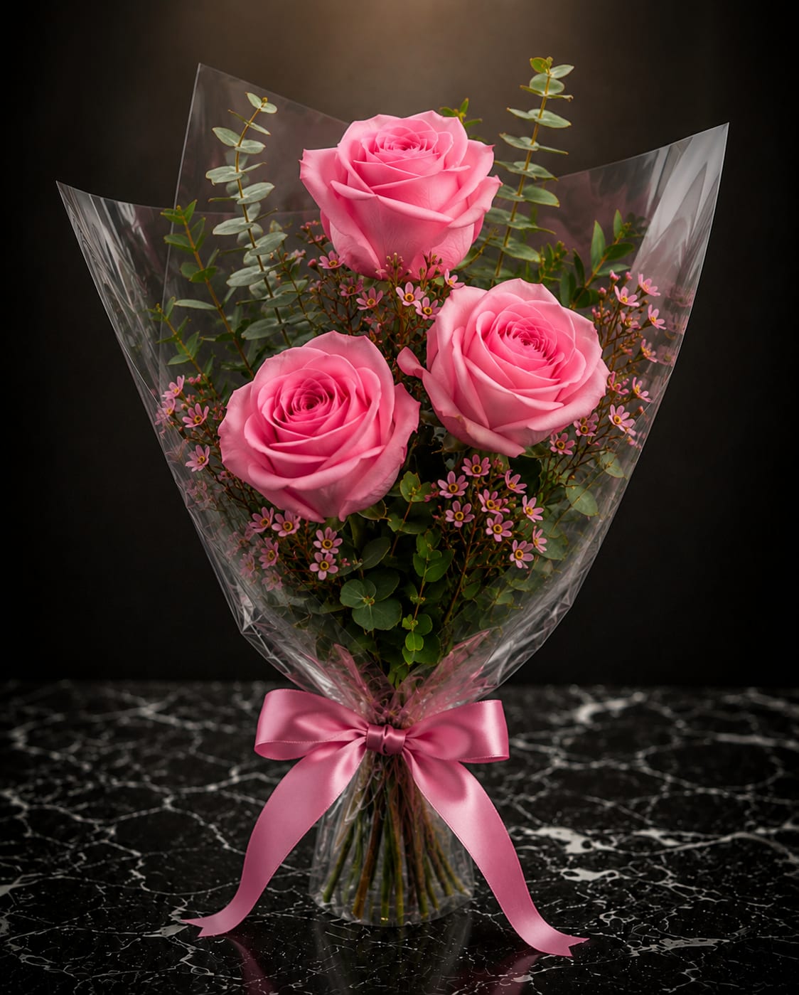 Whisper of Roses - Three large pink roses take center stage in this compact hand-tied bouquet, a perfect birthday bouquet or anniversary roses gift that reads romantic and cheerful. The arrangement's soft pinks and airy green eucalyptus-like sprigs create a gentle, feminine feel that says "I'm thinking of you" without saying a word-ideal for surprising a partner, celebrating a friend, or brightening someone's day.  Tucked among the roses are small pink filler blooms and wisps of greenery that add texture and lightness, finished in clear cellophane wrap and a pink satin ribbon for a polished, gift-ready presentation. Hand-tied for an intimate, natural silhouette, this arrangement is sized to be carried easily and displayed in a small vase; simple care-fresh water and a clean vase-keeps the roses looking their best for several days.