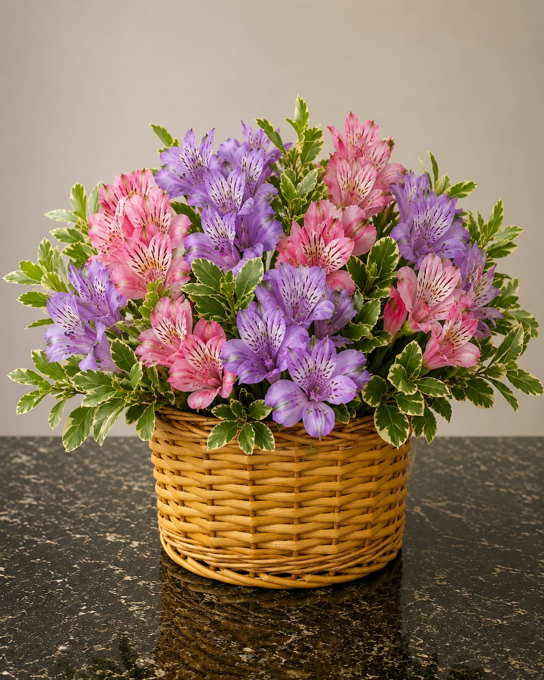 Spring Enchantment - A cheerful cluster of pink and lavender alstroemeria makes an immediate, spring-fresh impression in this casual wicker basket-perfect as a birthday bouquet, a thank-you gift, or a bright pick-me-up for spring celebrations. The soft pinks and lavenders read as gentle and uplifting, so the person you're thinking of will feel noticed and cared for without fuss.  The low, rounded wicker basket holds a full, garden-style spray of alstroemeria with variegated green-and-cream foliage that frames each bloom and adds a textured, natural look. The arrangement is designed for an easy, homey display on a table or windowsill and arrives ready to enjoy; its mixed pink, purple, and green palette complements both modern and cottage-style interiors.