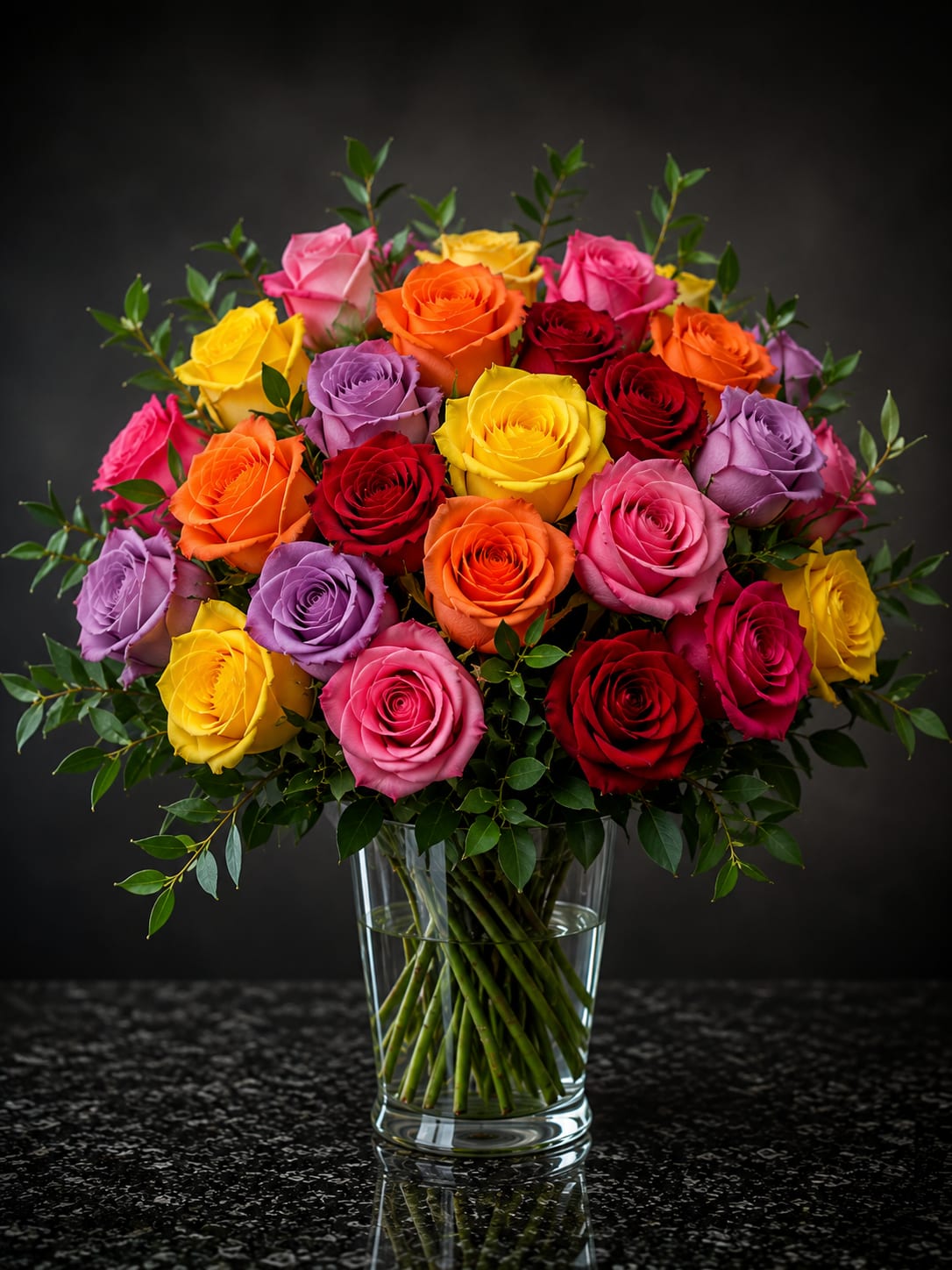 Bouquet of multicolored roses in a clear glass vase