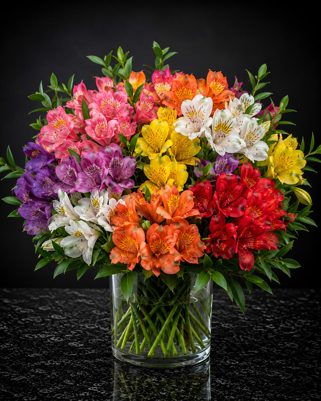 Colorful bouquet of alstroemeria in a clear glass vase