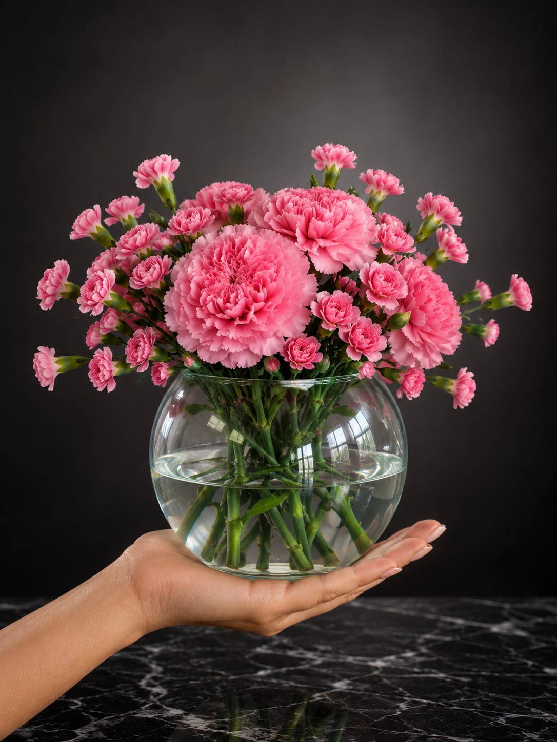 Serene Beauty - Serene Beauty is a graceful floral arrangement designed in a clear glass vase with water, featuring soft pink carnations and mini pink carnations thoughtfully arranged in a rounded, balanced design. The mini carnations extend slightly above the main blooms, adding texture, dimension, and a natural touch. Elegant and timeless, this arrangement is perfect for expressing love, gratitude, friendship, or bringing a soft, sophisticated accent to any space.