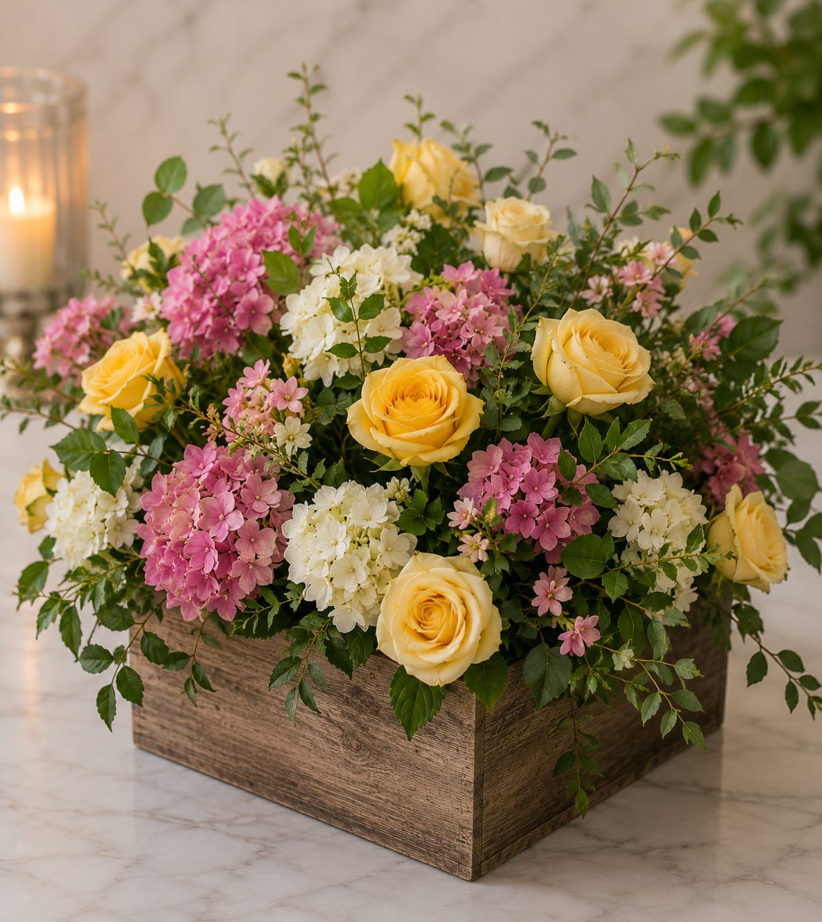 Yellow roses and pink-white hydrangeas in a wooden box