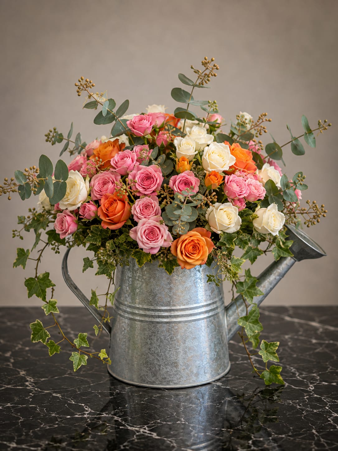 Pink, white, and orange roses in a metal watering can