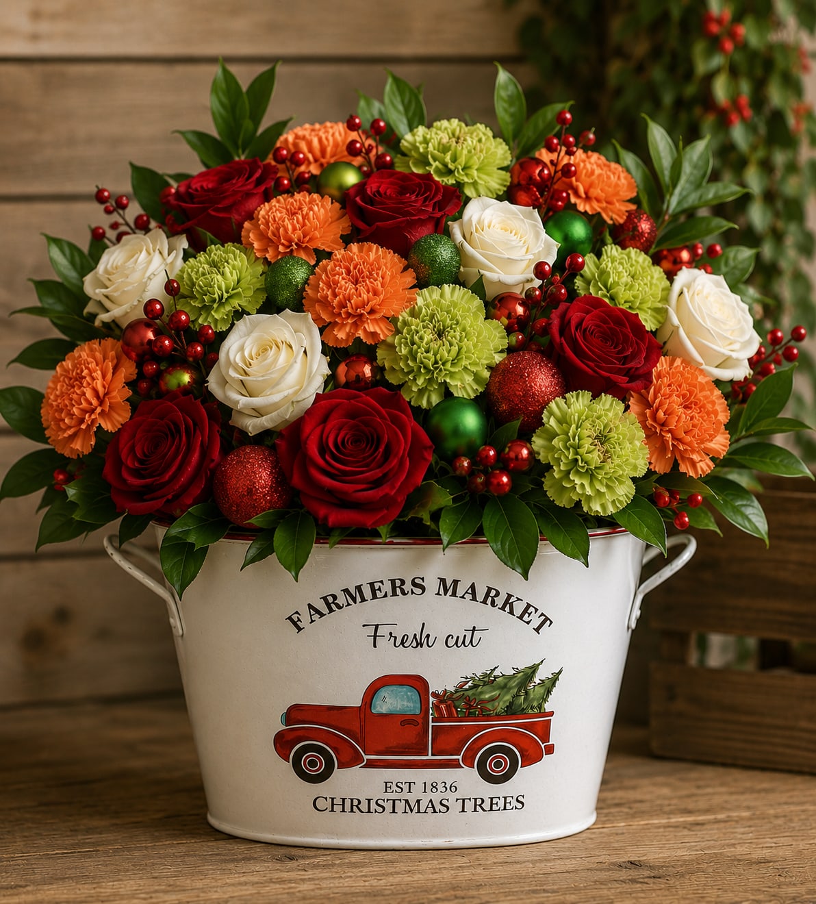 Red, white, orange, and green floral arrangement in a white metal bucket