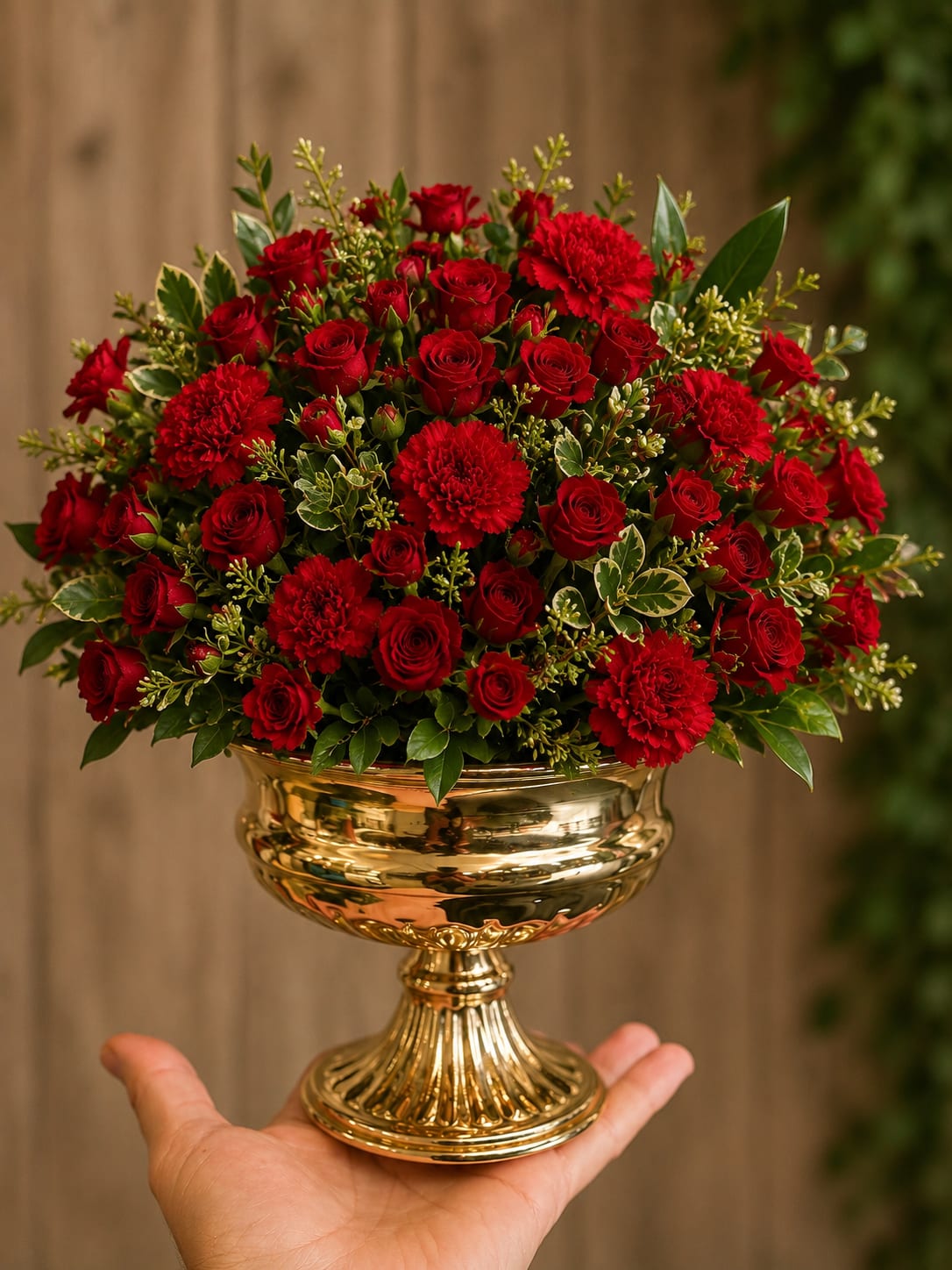 Red roses and carnations in a gold pedestal vase