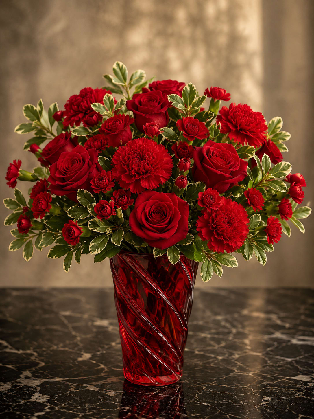 Red roses and carnations in a red glass vase