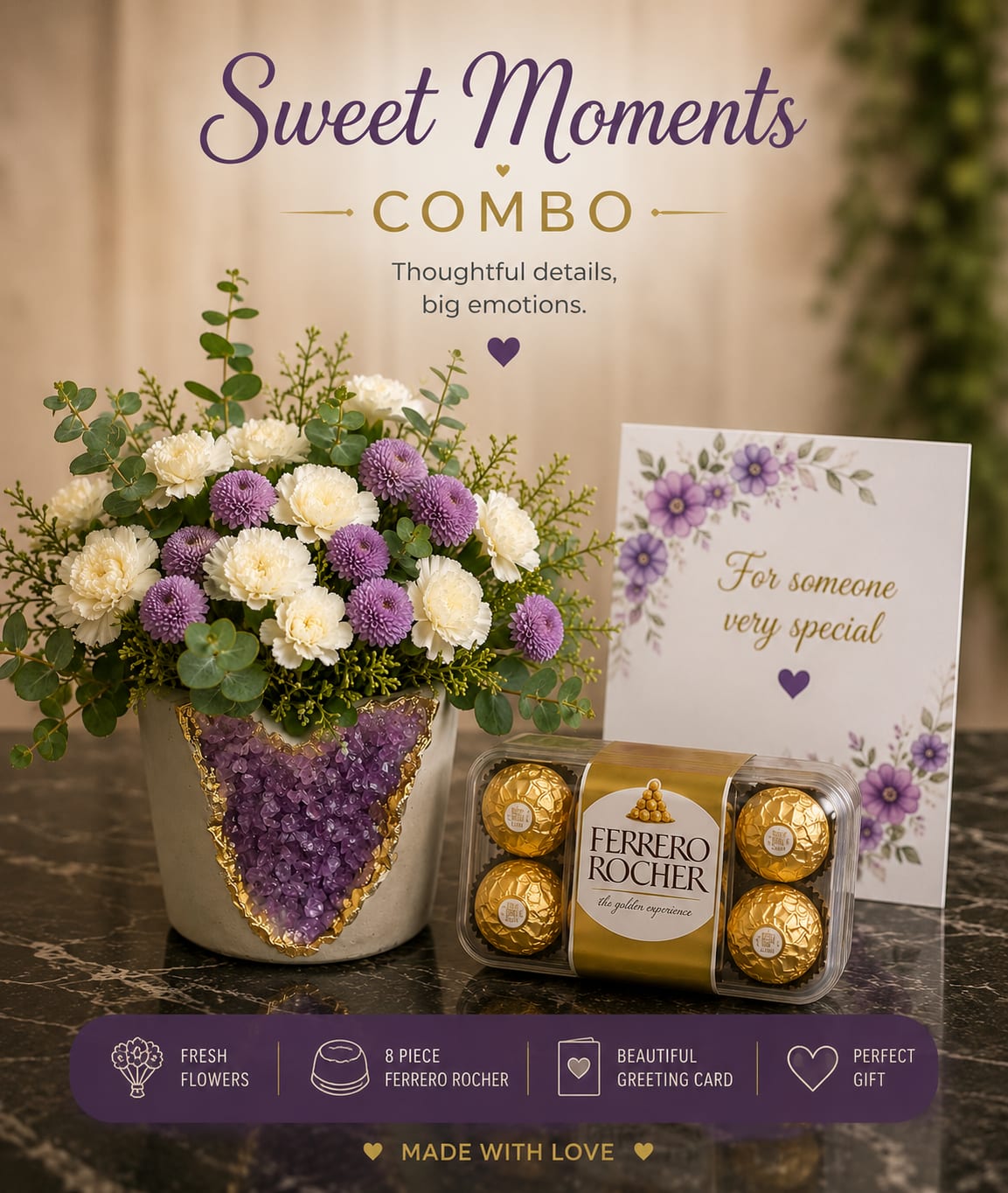 Flower arrangement with a greeting card and Ferrero Rocher chocolates