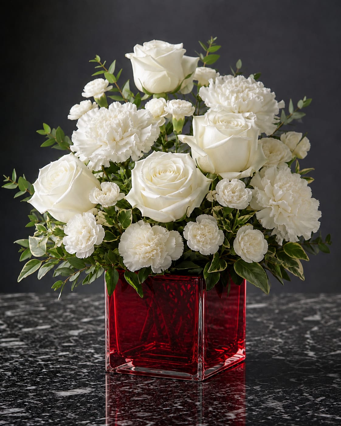 White roses and carnations in a red glass vase