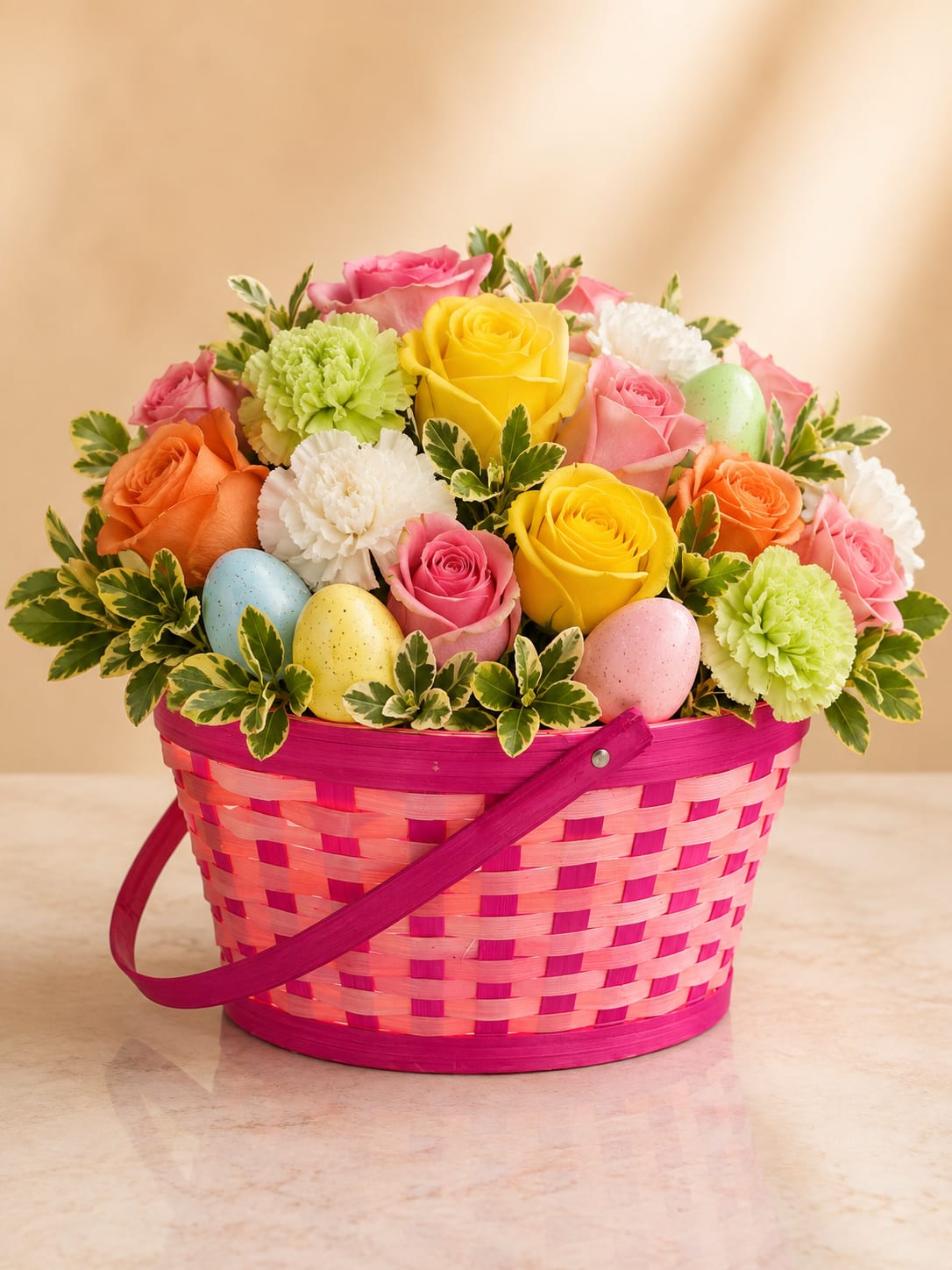 Colorful roses and carnations in a pink basket with pastel eggs