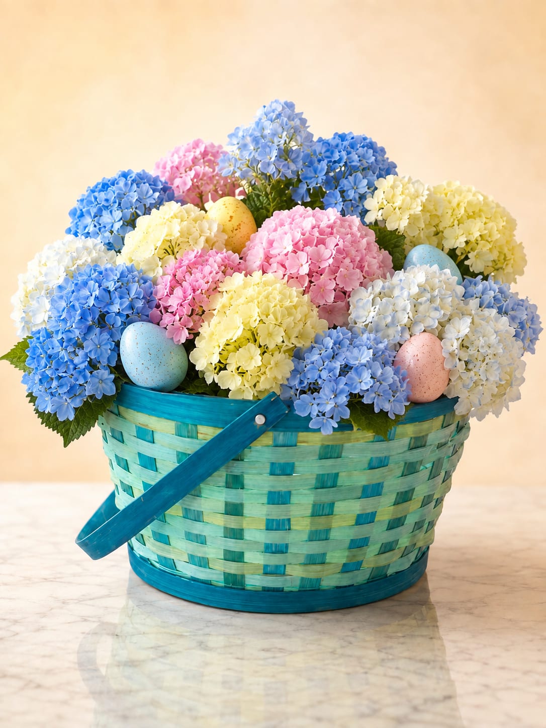 Basket of pastel hydrangeas with decorated eggs