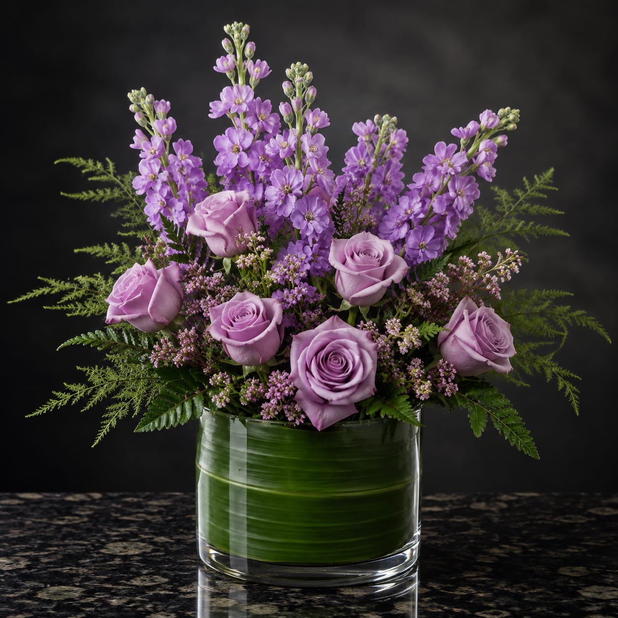 Lavender roses and purple flowers arranged in a glass vase