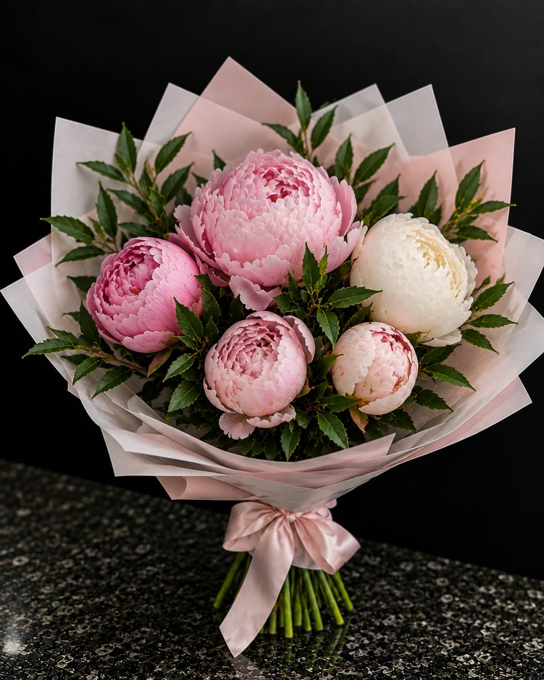 Pink and white peony bouquet wrapped in pale pink paper