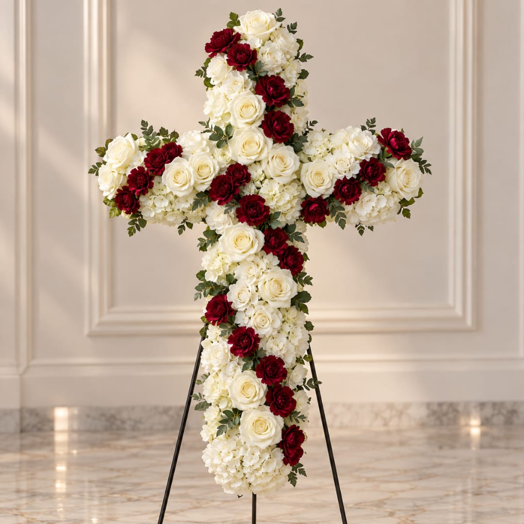 Cross-shaped floral standing spray with white roses and red carnations