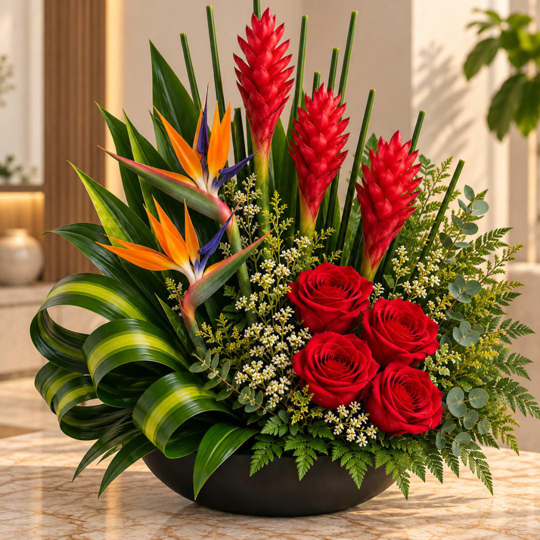 Tropical arrangement with red roses and bird of paradise in a black bowl vase