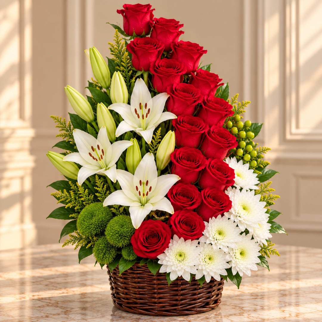 Red roses, white lilies, and white daisies in a wicker basket
